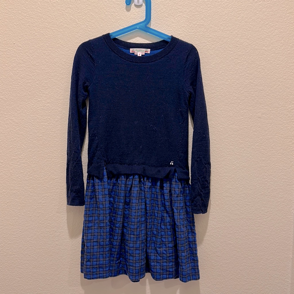 Bonpoint French Luxury Brand Grace Navy Blue Woolen Sweater Dress 8 Years Old